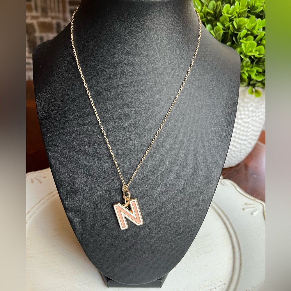 Fashion gold tone necklace with pink letter N nwot